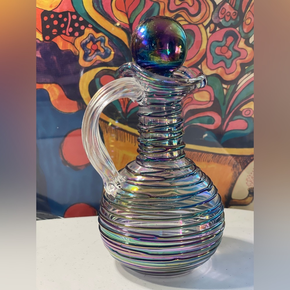 American Art Glass Threaded Iridescent Cruet Oil Decanter w/Iridescent Stopper